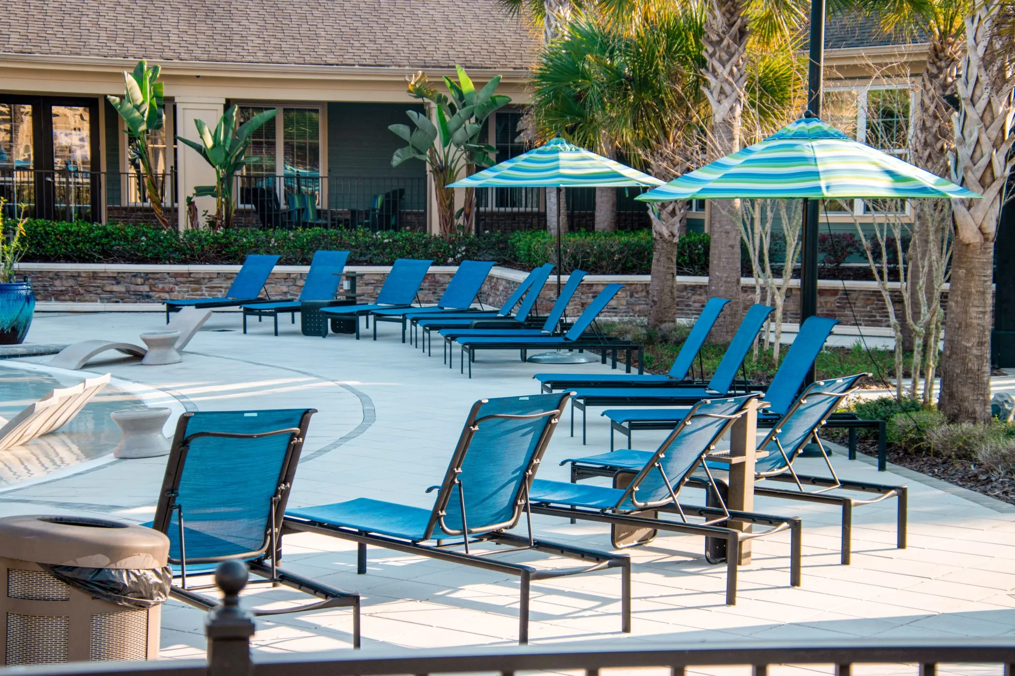 Rows of chaise loungers on a sunny pool deck beside a bright blue pool