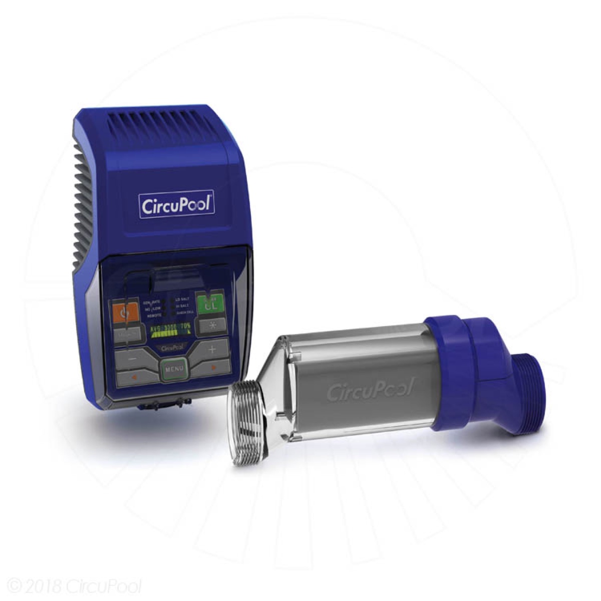 CircuPool RJ-45 Plus salt chlorine generator — blue control unit and clear salt cell