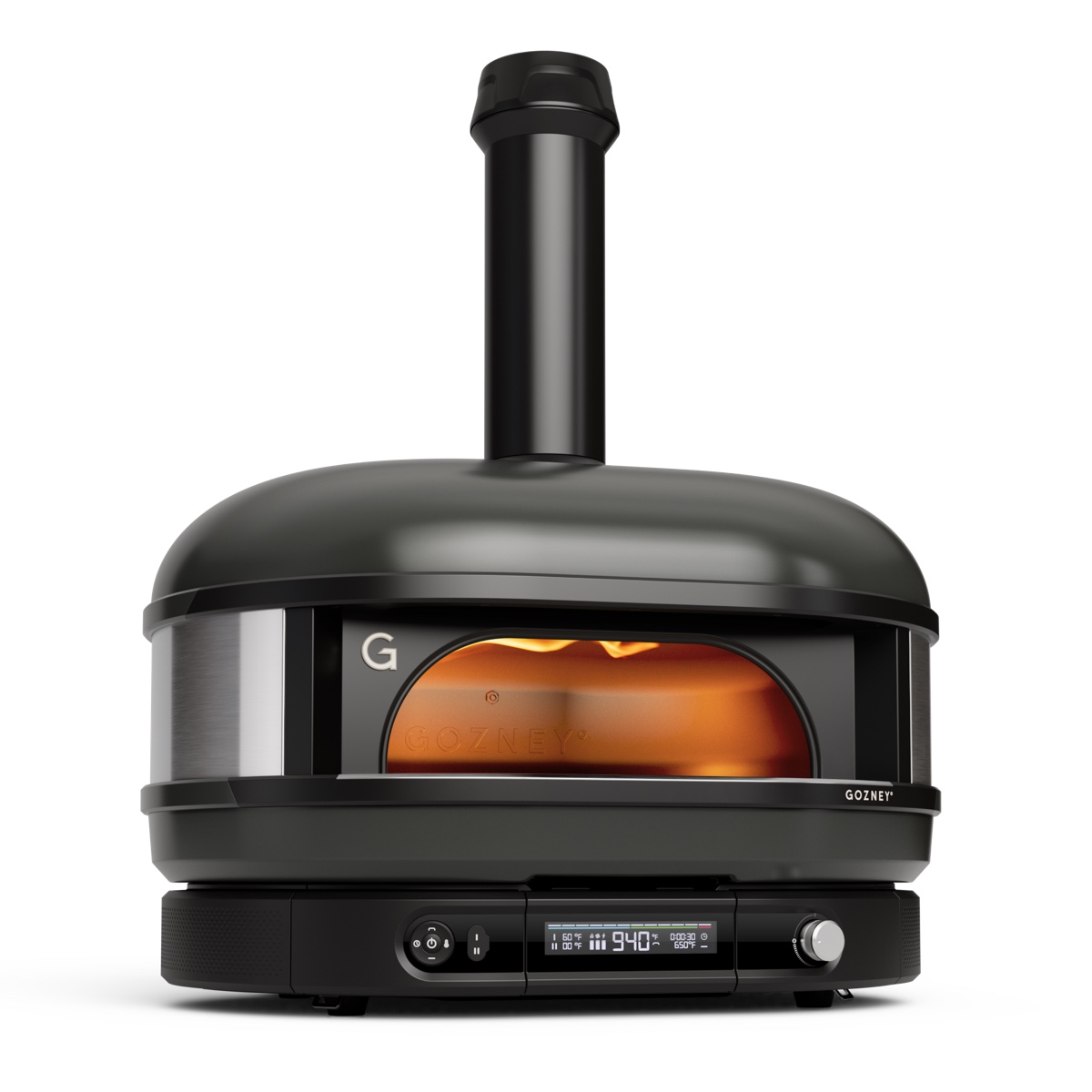 Gozney Dome (Gen 2) pizza oven in off-black, flames visible through the front, digital control panel at the base