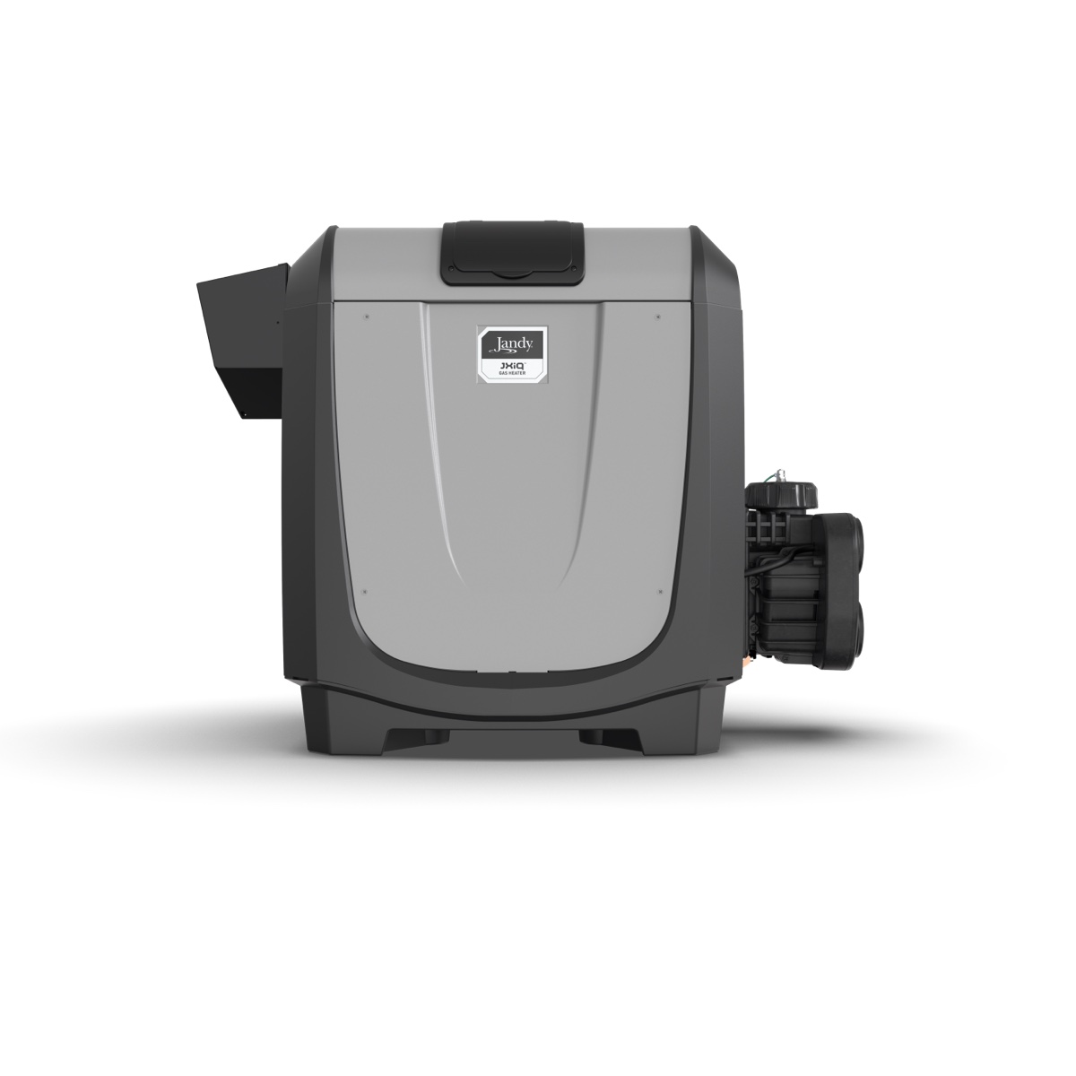 Jandy JXiQ gas pool and spa heater, a grey and charcoal cabinet with the VersaFlo valve assembly on the right side
