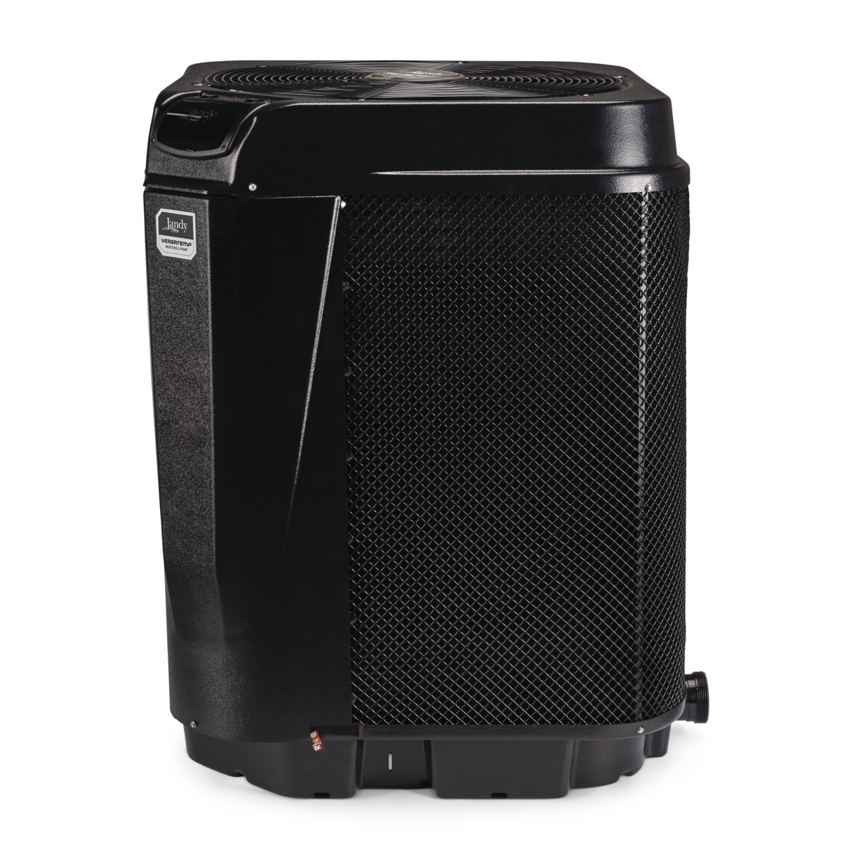 Jandy VersaTemp reversible heat/chill pool heat pump, a black cabinet with a mesh side grille and a top-mounted fan