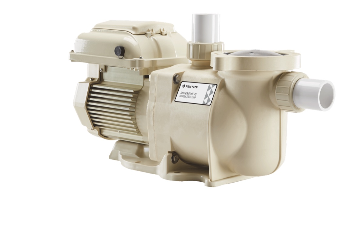 Pentair SuperFlo VS variable-speed pool pump, almond housing, front-quarter view