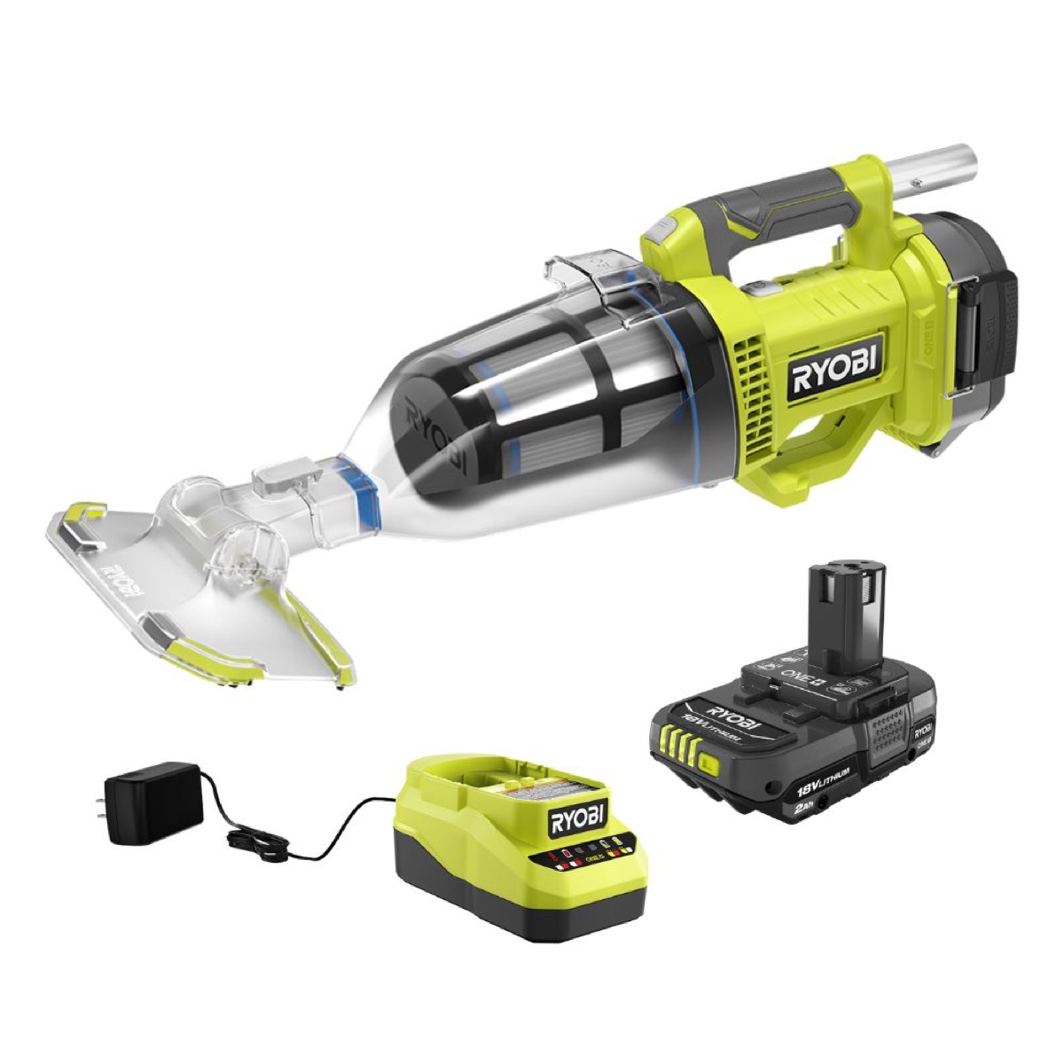 Ryobi ONE+ 18V handheld pool vacuum kit with clear debris canister, floor head, 2.0Ah battery and charger