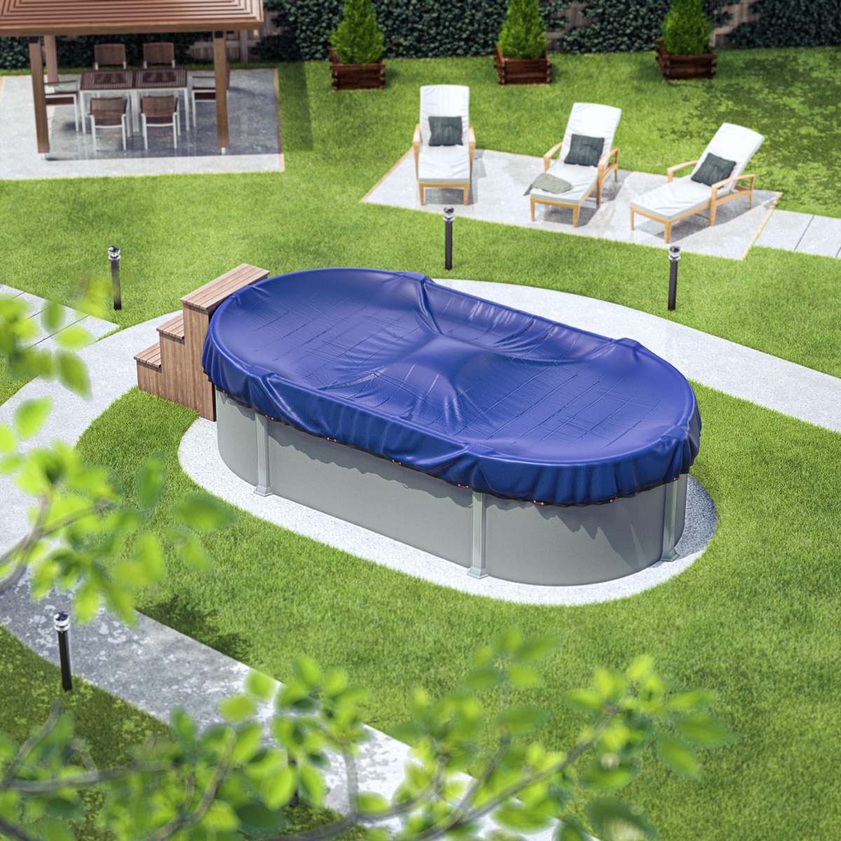 Yankee oval winter pool cover, dark blue, fitted on an oval above-ground pool — maker render